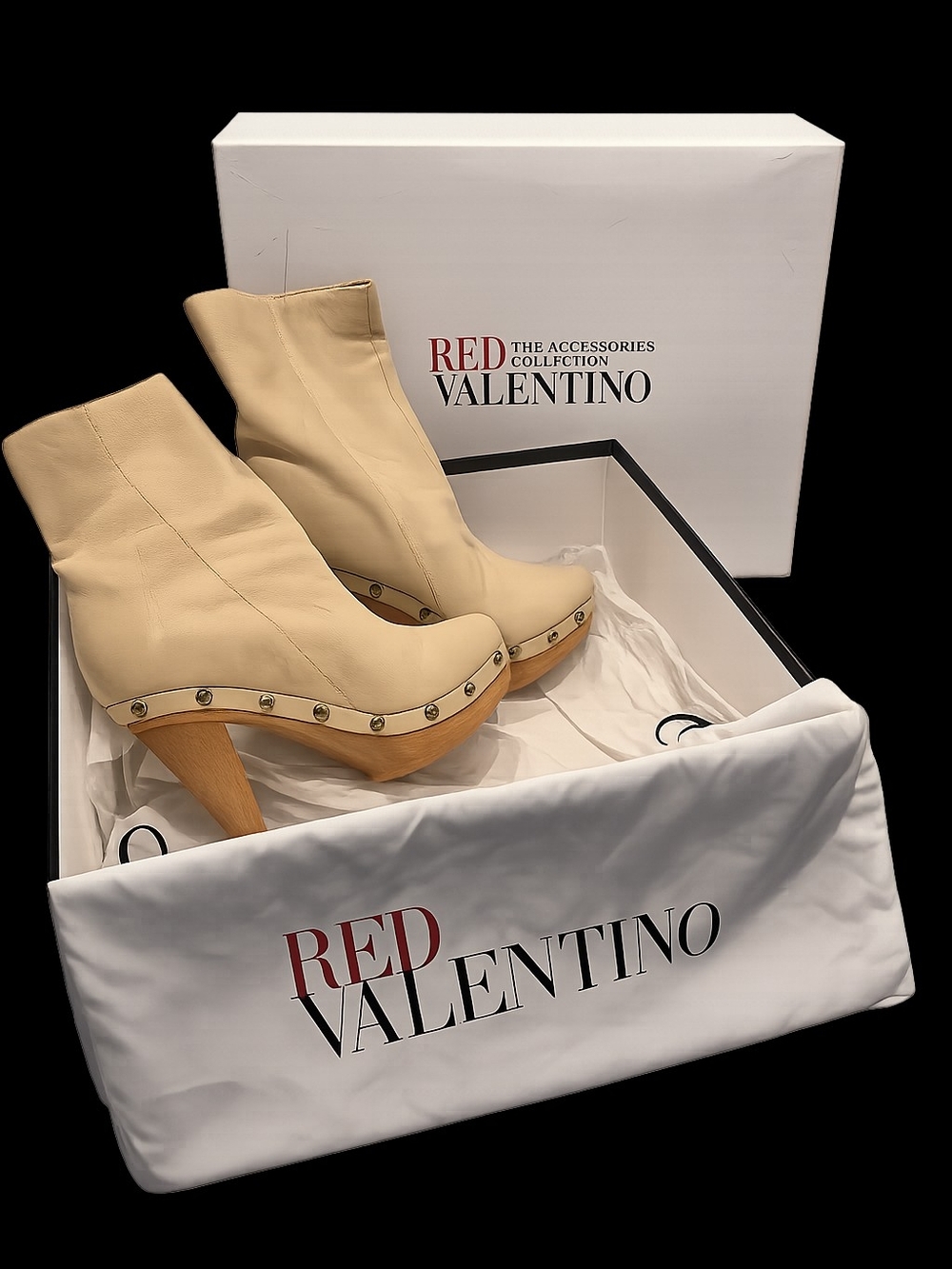 RED Valentino Cream Leather Platform Studded Ankle Boots